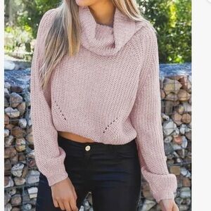 Express Soft Pink Cowl Neck Knit Cropped Sweater